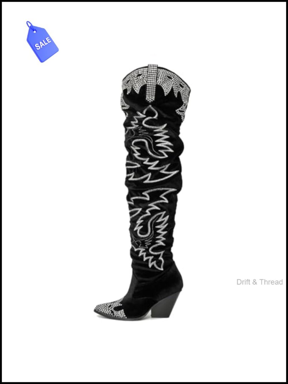 Rhinestone Embroidered Thigh High Boots Slouchy Wide Calf Pull On Faux Leather